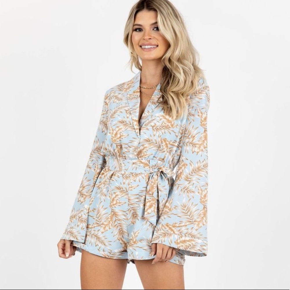 Corinne Palm Leaf Pattern Printed Romper With Sash Tie/ Strap Belt
